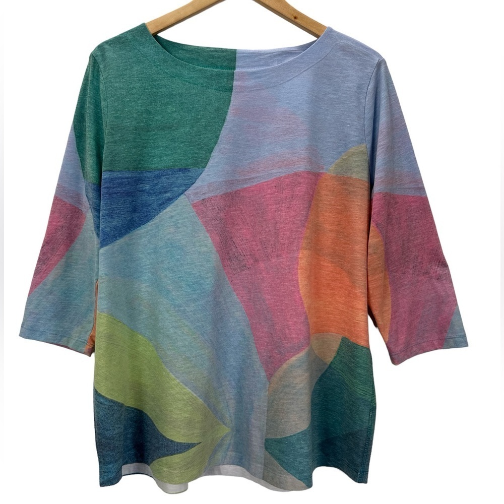 FDJ Abstract Artsy Brushstrokes 3/4 Sleeve Drop Shoulder Top STYLE 3593451